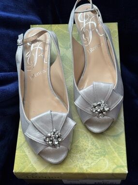 J.Renee Silver Metallic Slingback Peep-Toe Heels with Crystal Brooch